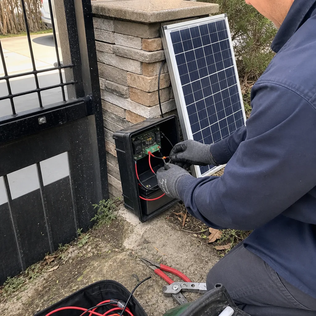 Technician repairing solar-powered gate access control system and wiring. nationwide