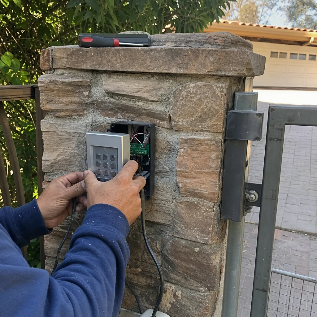 Technician installing a secure gate access control keypad on stone pillar in Sherman Oaks, CA