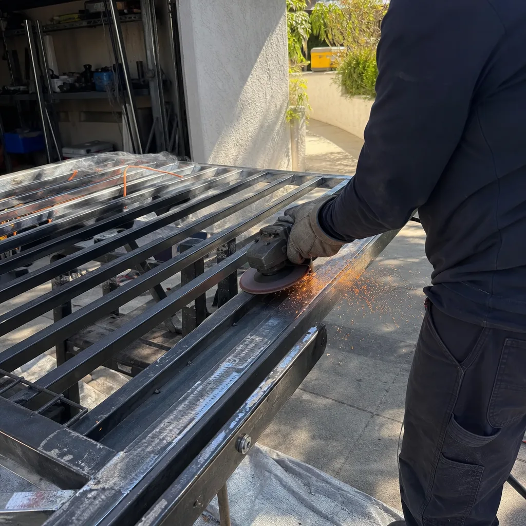 Technician performing metal gate repair and welding on a steel frame. nationwide