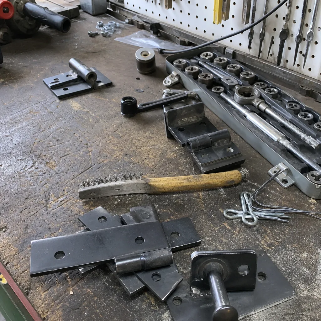Custom metal gate hinges and welding tools on a workshop workbench nationwide