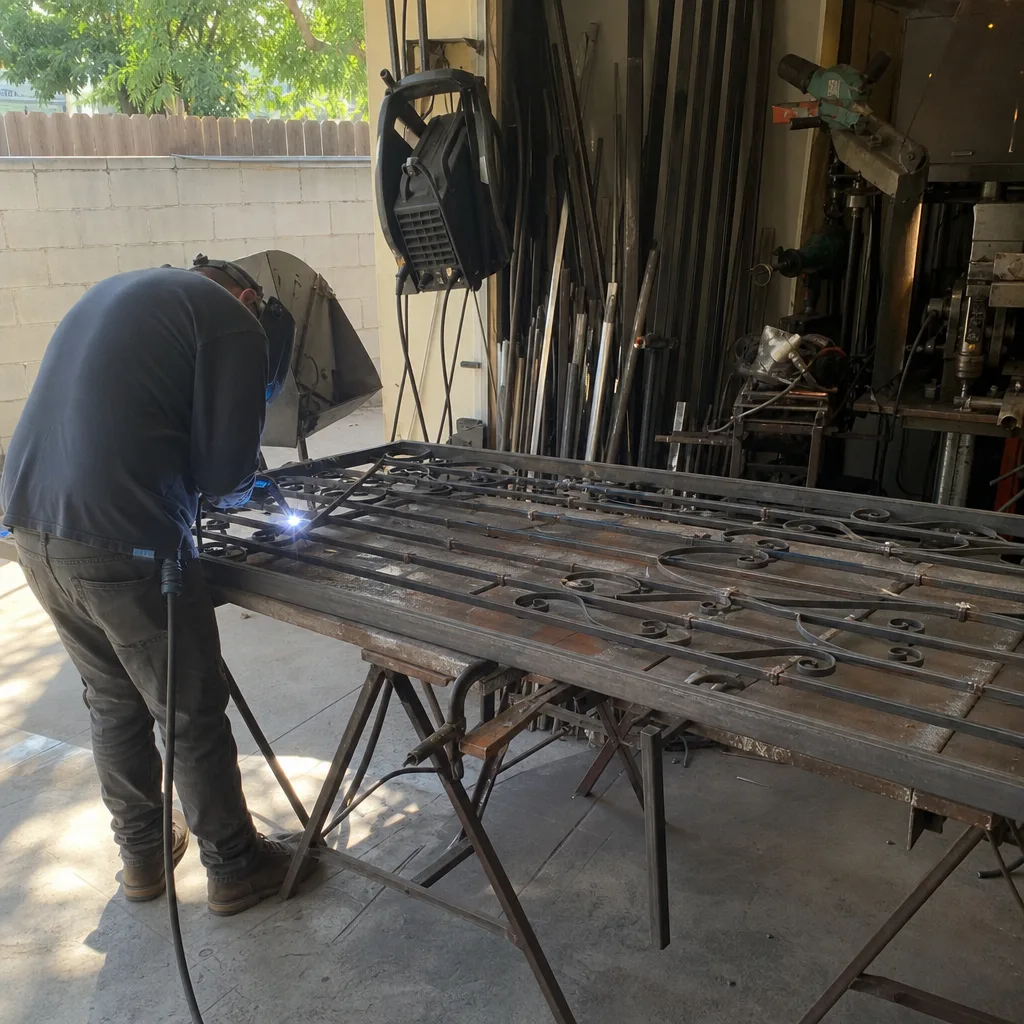 Professional welder performing custom gate repair and metal fabrication services nationwide